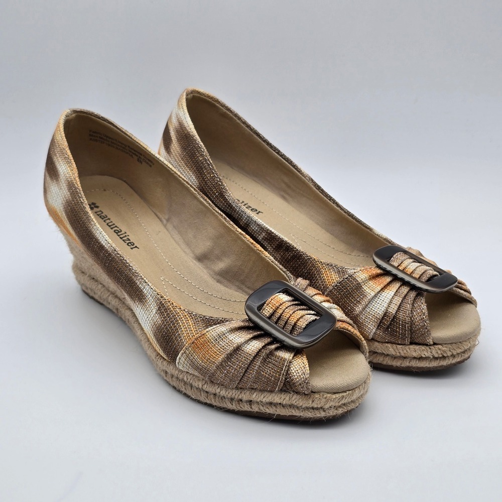 Naturalizer Bashful Womens 8N Brown Orange Metallic Espadrille Peep Toe Wedges